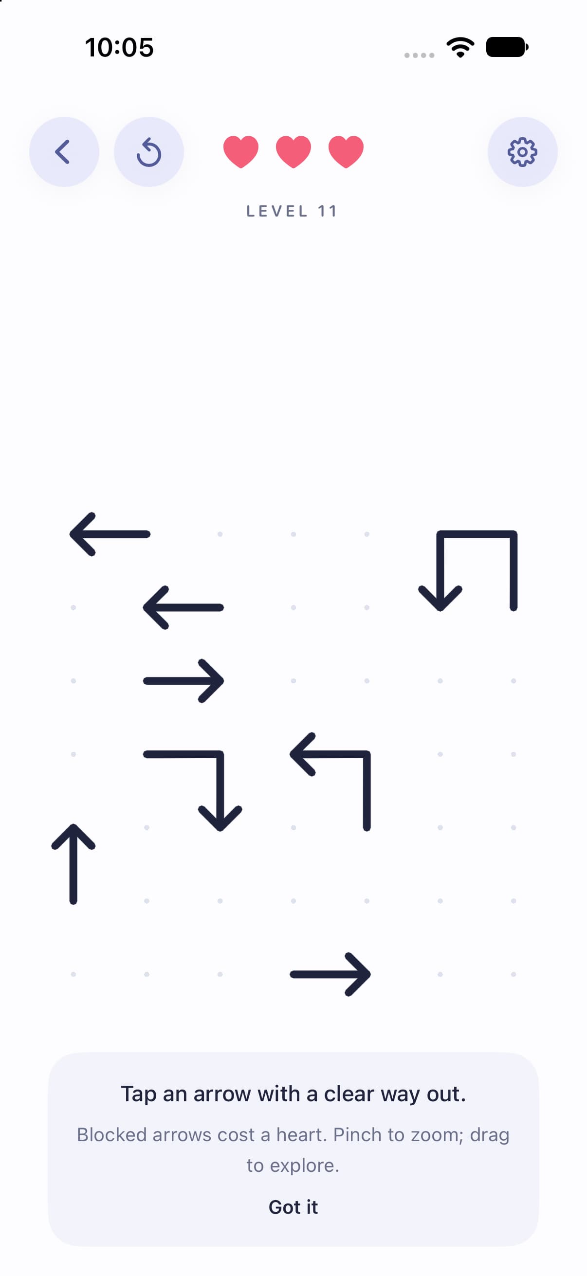ArrowOut gameplay: a board of directional arrows, three hearts, and a hint explaining how to clear a path